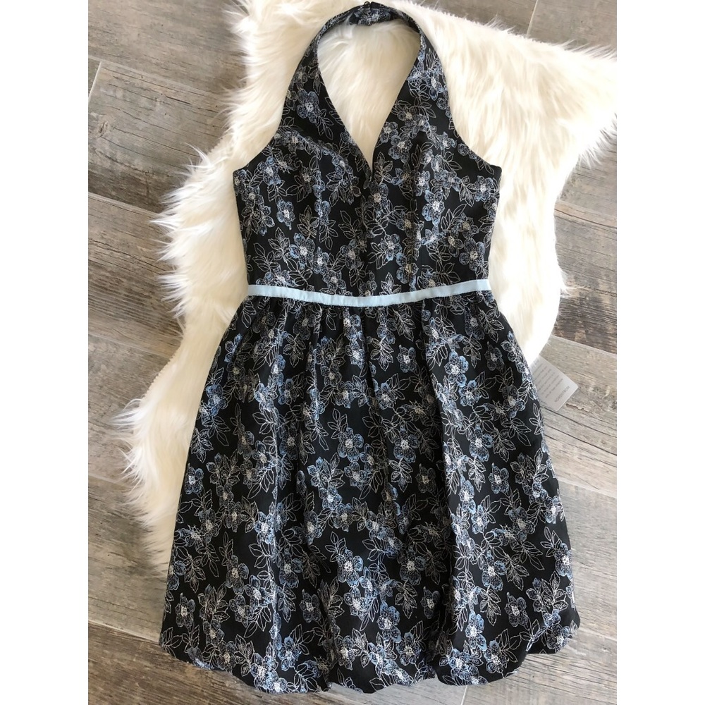 MAGGY LONDON Blue Halter Bubble Hem Floral dress